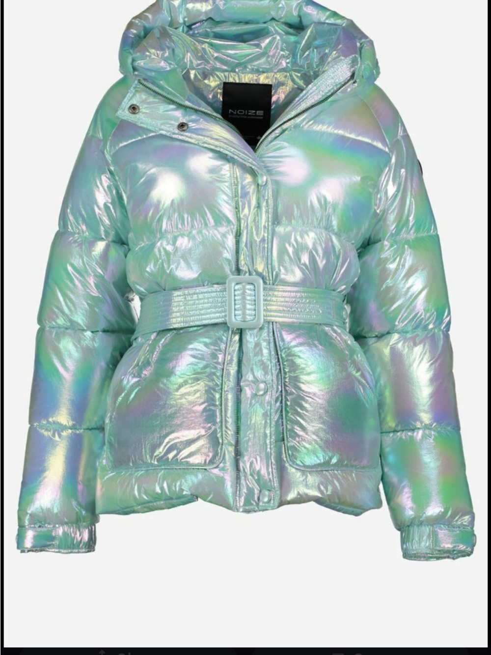 Noize Iridescent Mint Quilted Puffer Jacket with Belt